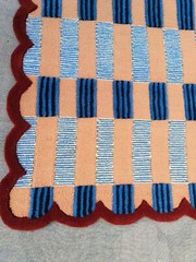 Handmade Checkered Wool Rug Blue Red | Scalloped Geometric Carpet Living Room