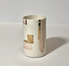 Slim Handmade Ceramic Pen/Makeup Brush Holder, White with Pink and Gold Accents
