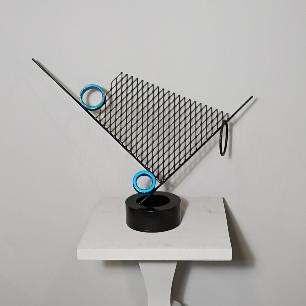 Mark R English Abstract Metal Sculpture Black Base w/ Blue Rings (Blue Orbit )
