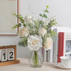White Silk Artificial Rose Eucalyptus Fake Flowers Arrangement Vase Centerpiece