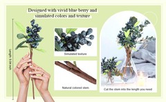 30 Pcs Artificial Blue Berry Stems Bulk, 9.8 Inch Faux Berry Picks with Green
