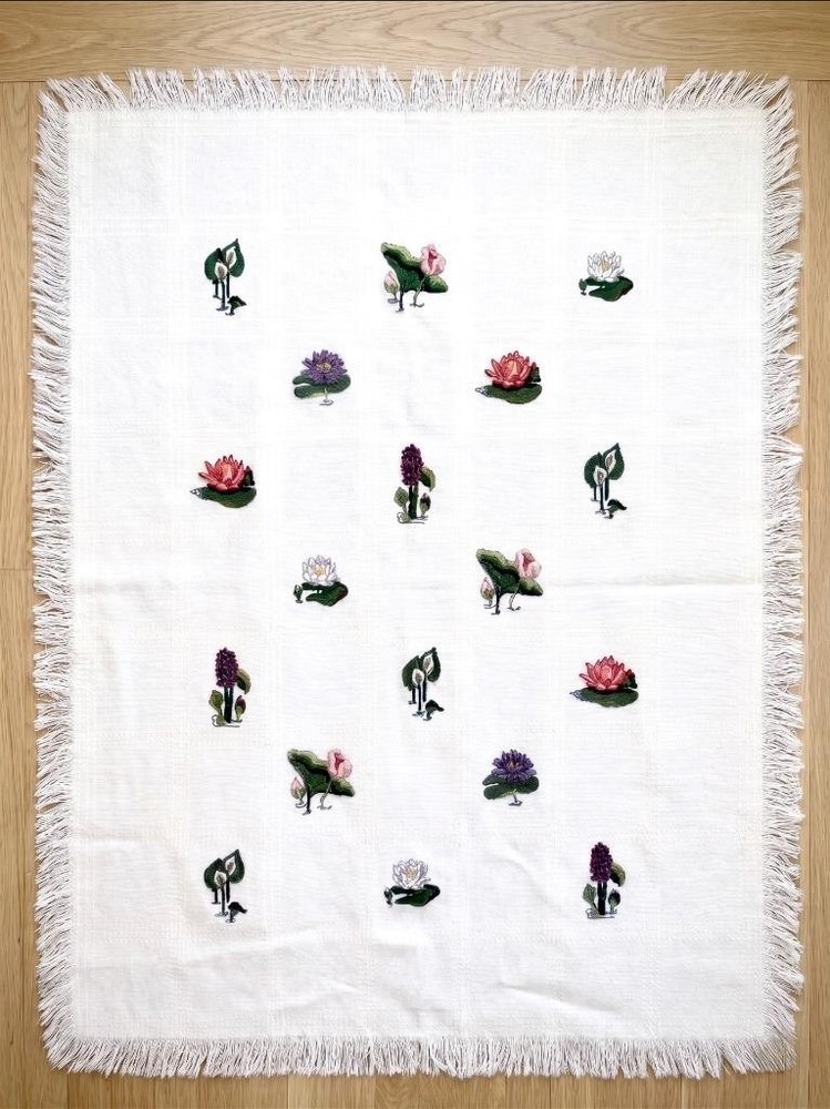 Completed Cross Stitch Water Garden Flowers on Ivory Udine Afghan Blanket 42×56