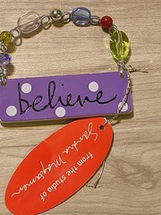 SMALL, CERAMIC «BELIEVE» WALL PLAQUE With BEADED WIRE Sandra Magsamen Cute