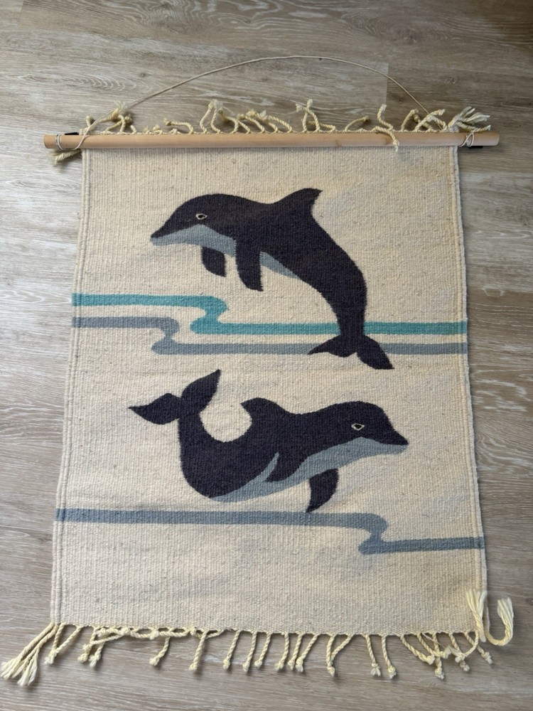 Vintage Handwoven Tapestry Dolphin Waves Ocean Wall Hanging Wool Boho 22” X 28”