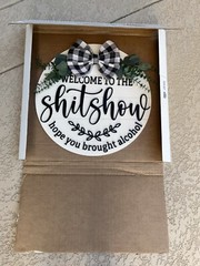 Welcome to the Shitshow Wooden Front Door Sign Funny Round Wreaths Hanging Wood