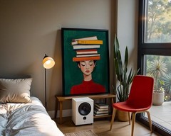 Book Lover Wall Art, Woman with Books on Head Print, Literary Decor