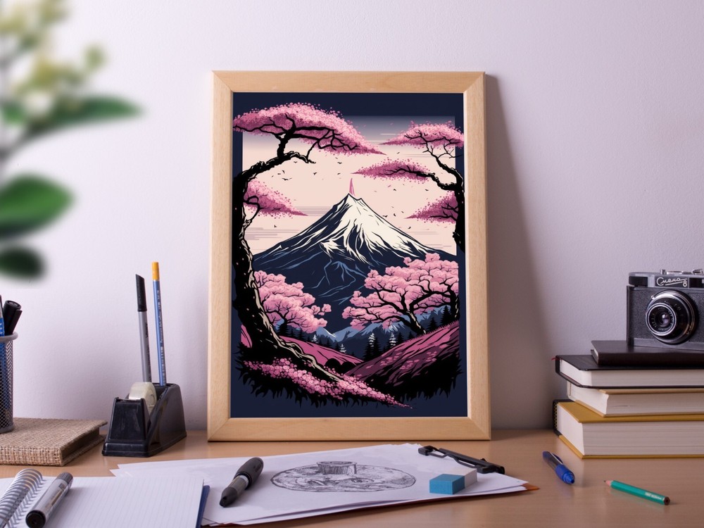 Japanese Mountain and Cherry Blossom Tree, Style 2, Poster Print, Wall Art Décor