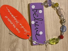 SMALL, CERAMIC «BELIEVE» WALL PLAQUE With BEADED WIRE Sandra Magsamen Cute