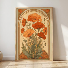 Art Nouveau Orange Poppy Flowers Poster Vintage Mucha Style Floral Wall Art Prin