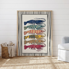 Japanese Prawn Poster Folk Art Colorful Lobster Sea Life Kitchen Wall Decor