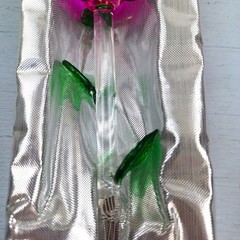 Decorative Glass Rose In Original Box Pink Stem And Green Leaves 8 Inches Long
