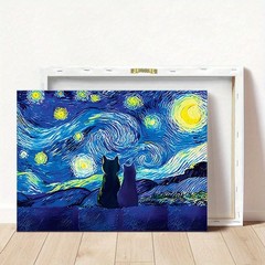 Starry Night Two Black Cats Van Gogh Canvas Wall Art, Vintage Bedroom Wall Decor
