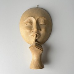 VTG Shhh Silence Hand Carved Wood Mask Wall Hanging Art Tan Boho Decor
