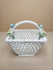 Vintage White Ceramic Basket Square With Flowers On Handle Blue Yellow Roses