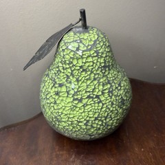 Vintage Mosaic Green Glitter Fruit Decorative Pear With Metal Leaf 7.5 x 5 Inch