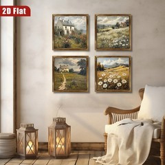 4Pcs Rustic Farmhouse Wall Art Set Framed Country Cottage Daisy Field Home Decor
