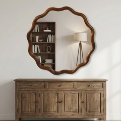 36 in Wavy Mirror, Round Solid Wood Frame Decorative Mirror For Bathroom Hotel