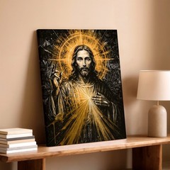 Wall Art Jesus Christ Sacred Heart Religious Canvas Print Gold Black Home Decor