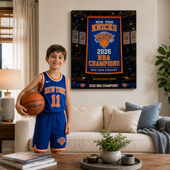 2026 New York Basketball Champions Inspired Canvas Wall Art Blue Orange Fan Deco