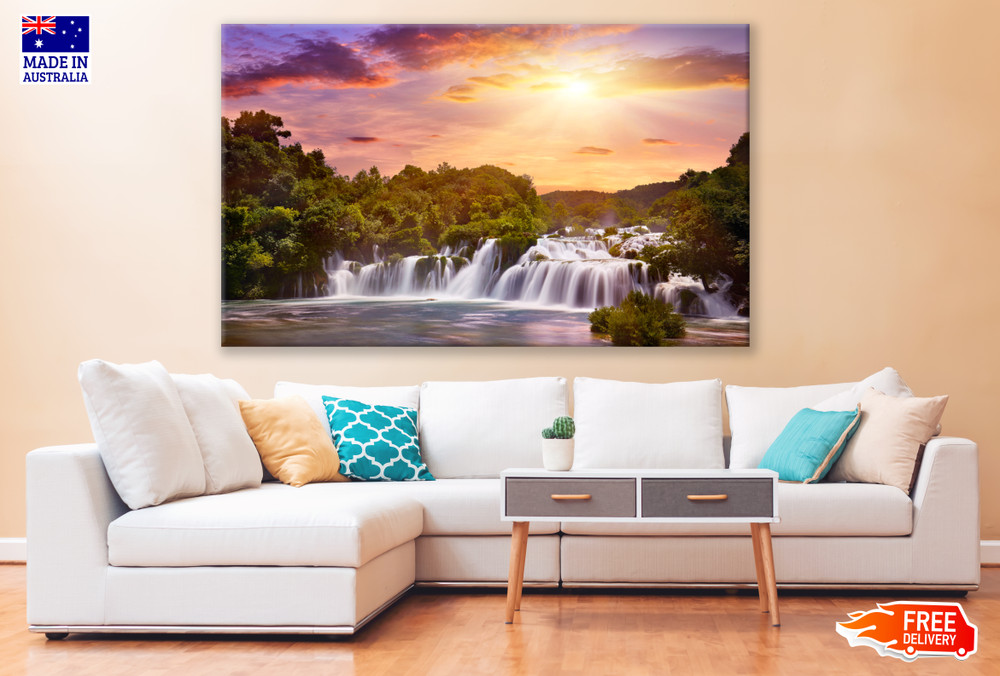 Sunset Waterfall Flowing Forest Home Decor High Quality Canvas Print Choose Size