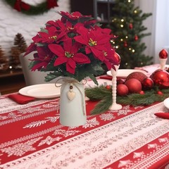 Artificial Red Poinsettia Christmas Flower Arrangement White Vase