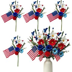 4 Pack 4th of July Picks Patriotic Artificial Red White Blue Daisy Flowers wi…