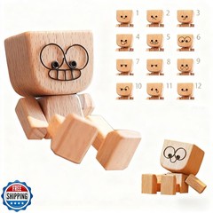 SnapMorph Shaking Wooden Man Figurine with 12 Magnetic Changeable Faces – Han…