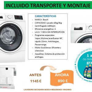 Lavadora secadora de Bosch WDU28540es de color blanco con lavado de 10KG y secado de &KG. Sistema IDOS de dosificación. En oferta en muebles Bravo. Situados en Valdemorillo,Madrid