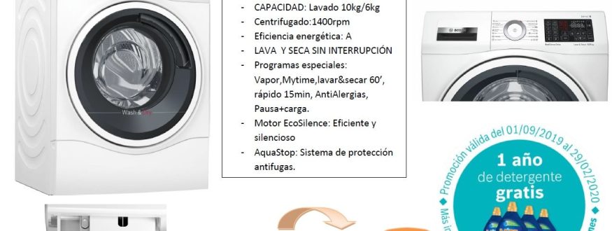 Lavadora secadora de Bosch WDU28540es de color blanco con lavado de 10KG y secado de &KG. Sistema IDOS de dosificación. En oferta en muebles Bravo. Situados en Valdemorillo,Madrid