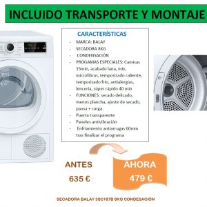 Secadora Balay 3SC187B con puerta transparente y 8KG de capacidad. En oferta en Muebles Bravo, Valdemorillo,Madrid